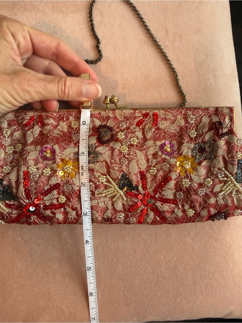 Vintage Beaded Floral Brocade Evening Clutch Purse Kiss Lock Chain Strap Red Pin - Picture 6 of 8
